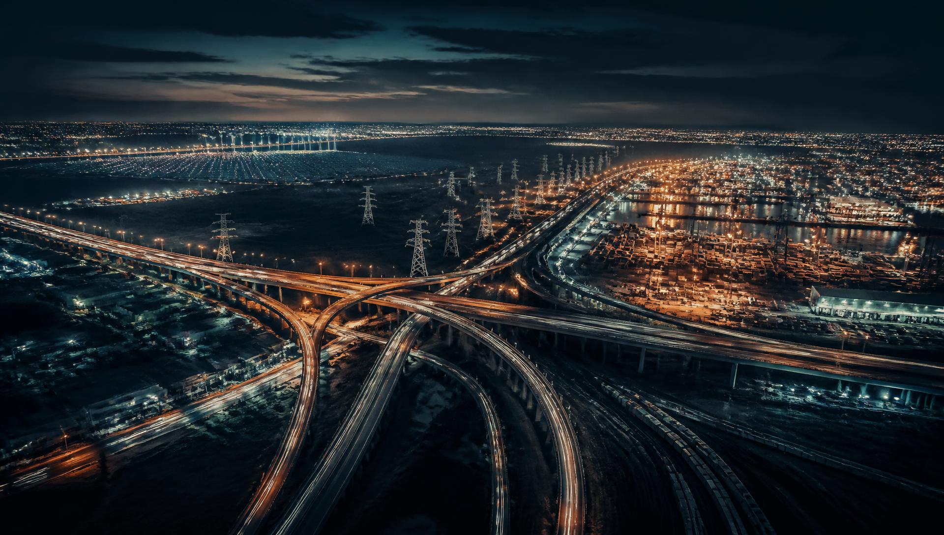 Aerial night view of highway interchanges, transmission lines and a container port